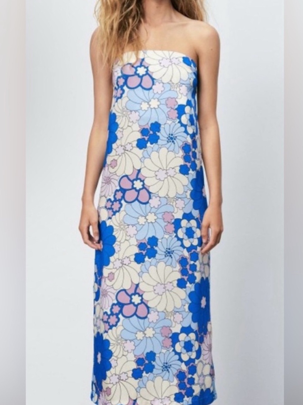 Zara Strapless Floral Midi Dress in Blue, Cream & Pink